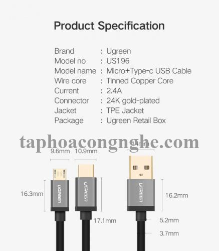 Ugreen 30571 0.5m màu xanh Cáp USB-A 2.0 sang Micro USB + USB-C US196 30030571